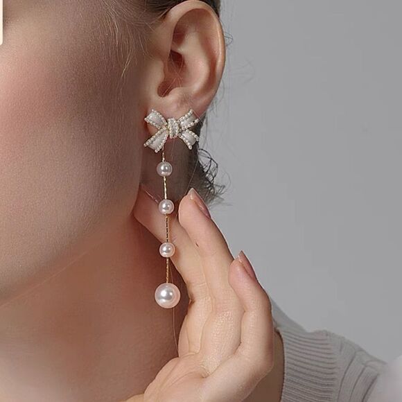 New Beautiful Bow-knot With Pearl Long Tassel Earrings 2 in 1 - Picture 1 of 12